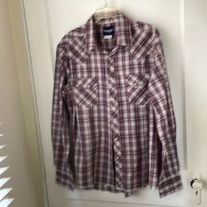 WRANGLER Western Shirt Men’s Size XL Pearl Snap Maroon light blue Plaid